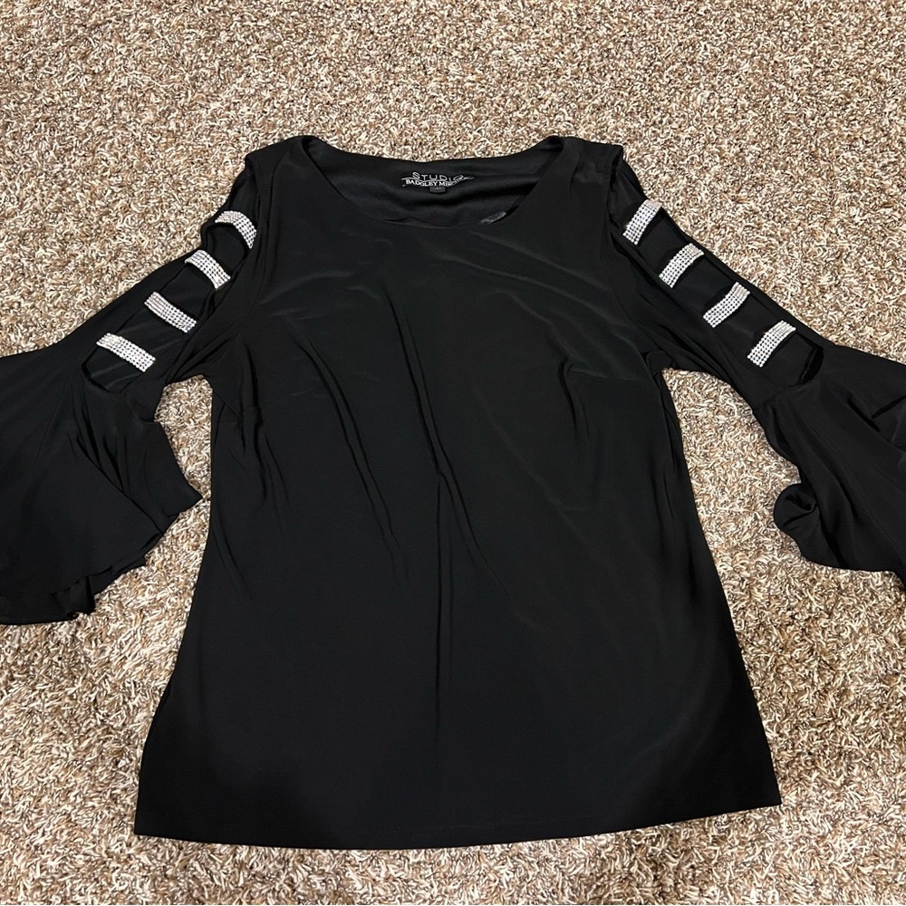 Badgley Mischka Black Blouse with Bell Sleeves & Ruffled Cut Outs and Reinstones